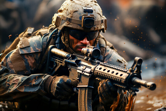 soldier in full combat action with his weapon, and fire light in the background