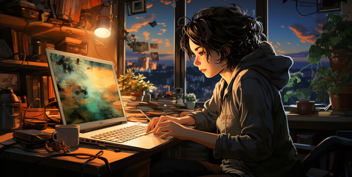 A cute cartoon image of a girl working on the computer and having a pet cat nearby.