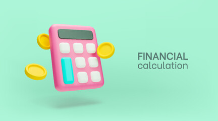 Financial calculation concept, 3d calculator and falling golden coins banner. Finance accounting, bookkeeping, budget, debit, credit calculations. Financial management realistic vector illustration