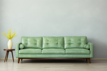 Modern living room interior featuring a light green leather sofa with mid-century and retro style influences. Comfort and style in a contemporary space, with ample copy space for your creative needs.