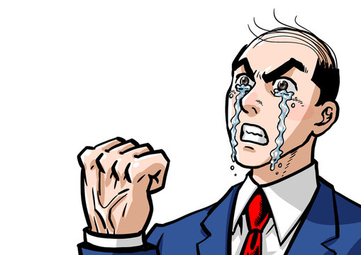 涙を流しガッツポーズするビジネスマンの劇画漫画風イラスト