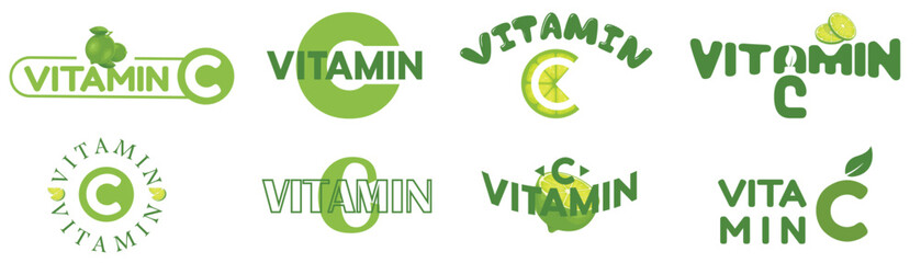 A set of vitamin C related text design. Citrus fruit with vitamin C design.