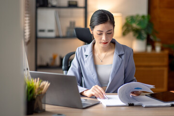 Business Documents, Auditor businesswoman checking searching document legal prepare paperwork or...