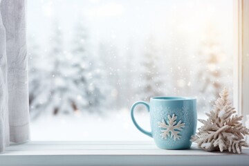 Obraz na płótnie Canvas White Christmas theme with Blue Cup of Hot Chocolate