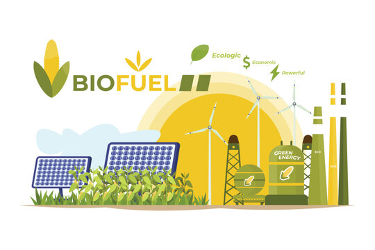 A colorful illustration showcasing a biofuel plant, solar panel and wind turbines, producing clean, renewable energy.