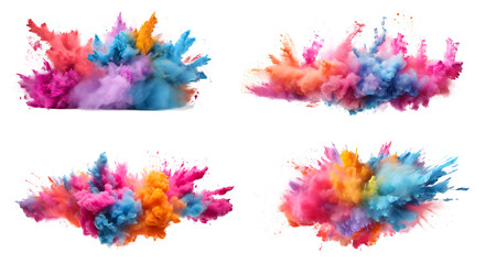 Fototapeta na wymiar Set of colored powder explosion ink splashes, Colorful paint splash elements for design, isolated on white and transparent background