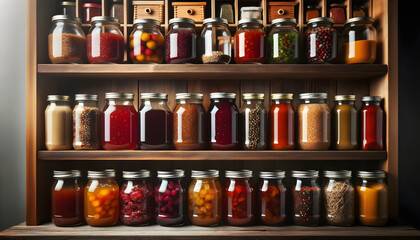 Photograph of a pantry scene where wooden shelves take center stage. On these shelves, mason jars stand proudly, revealing their contents.