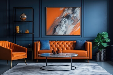 Modern Art Deco living room adorned with an orange sofa and armchair against a dark blue classic wall featuring a marbling poster.