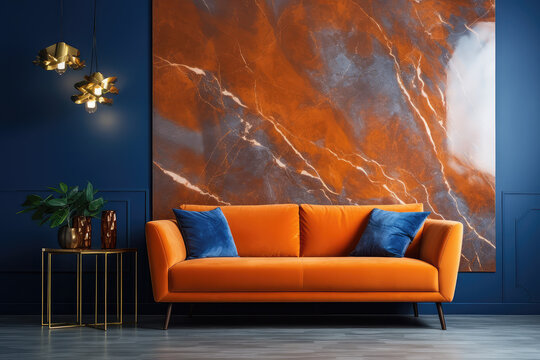 Modern Art Deco living room adorned with an orange sofa and armchair against a dark blue classic wall featuring a marbling poster.