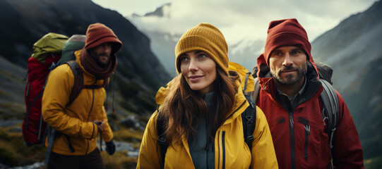 Fototapeta premium Happy young female and male tourists against the backdrop of stunning mountain landscape. Group of hikers in modern bright outfits with backpacks walking along mountain path. Active sports and travel.