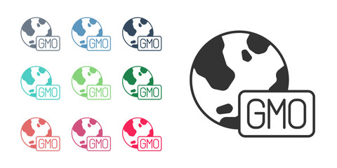 Black GMO icon isolated on white background. Genetically modified organism acronym. Dna food modification. Set icons colorful. Vector