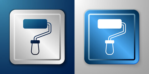 White Paint roller brush icon isolated on blue and grey background. Silver and blue square button. Vector