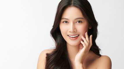 Beautiful young asian woman with clean fresh skin on white background, Face care, Facial treatment, Cosmetology, beauty and spa, Asian women portrait.