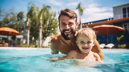 Father and baby boy having fun at pool resort 