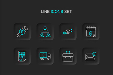 Set line Mail and e-mail, Briefcase, Armored truck, News, Calendar, Money exchange, Employee hierarchy and Repair price icon. Vector