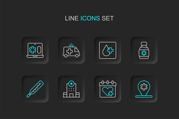 Set line Location hospital, Doctor appointment, Hospital building, Medical thermometer, Bottle of medicine syrup, Blood test, Ambulance car and Clinical record laptop icon. Vector