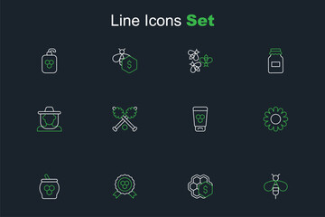 Set line Bee, Sale of honeycomb, Honey award, Jar and dipper stick, Flower, Cosmetic tube with, and Beekeeper protect hat icon. Vector