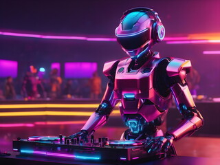 Futuristic robot DJ pointing and playing music on turntables. Robot disc jockey at the dj mixer and turntable plays nightclub during party - obrazy, fototapety, plakaty