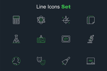 Set line Chalkboard, Ringing bell, Comedy and tragedy masks, Earth globe, Microscope, Certificate template, Identification badge and Test tube icon. Vector