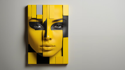 Wandbild vom Gesicht einer Frau mit grandiosen gelb schwarzen Bodypainting Querformat für Banner, ai generativ