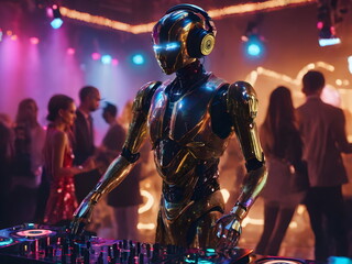 Futuristic robot DJ pointing and playing music on turntables. Robot disc jockey at the dj mixer and...
