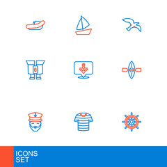 Set line Ship steering wheel, Striped sailor t-shirt, Captain of ship, Kayak and paddle, Binoculars, Anchor, Bird seagull and Yacht sailboat icon. Vector