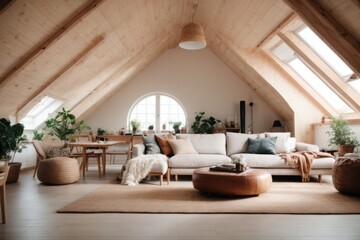 Scandinavian home interior design of modern living room in attic with lining ceiling