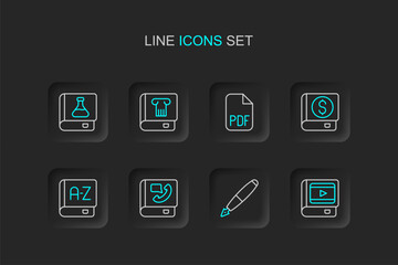 Set line Book about cinema, Fountain pen nib, Phone book, Translator, Financial, PDF file document, History and Chemistry icon. Vector