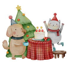 Christmas party with dog and cat . Watercolor paint design . PNG .
