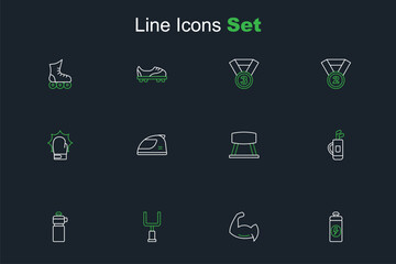 Set line Fitness shaker, Bodybuilder showing his muscles, American football goal post, Golf bag with clubs, Pommel horse, Racing helmet and Punch boxing gloves icon. Vector