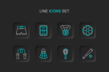 Set line Baseball bat with ball, Tennis racket, Badminton shuttlecock, Jump rope, Soccer football, Medal, Football field and Boxing short icon. Vector