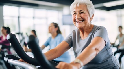Fototapeta na wymiar Elderly woman taking indoor cycling class at fitness center, doing cardio riding bike