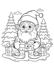 outline illustration of a gnome in a winter forest with Christmas gifts