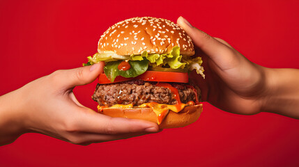 hamburger isolated on red background  - obrazy, fototapety, plakaty