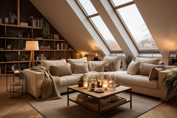 Scandinavian home interior design with this image of a modern living room in an attic. The contemporary and stylish decor creates a cozy and comfortable living space, idea for interior design projects