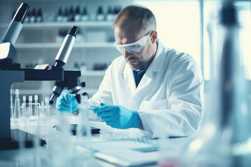 Scientist carefully handles samples in the lab. This high-quality image provides copyspace for...