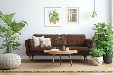 Mock up poster frame, brown sofa, plants, wooden coffee table, lamp, ball, stylish rug, plaid, pillows and personal accessories. Home decor. Template. 3d rendering