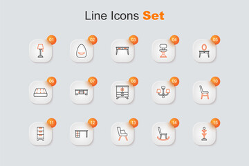 Set line Coat stand, Armchair, Office desk, Chest of drawers, Chair, Chandelier and icon. Vector