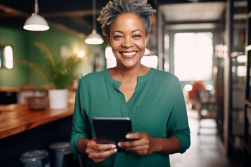 Half-length portrait of cheerful African American businesswoman in business attire holding a tablet. Happy smiling young lady, successful entrepreneur or employee working in office or coworking cafe.