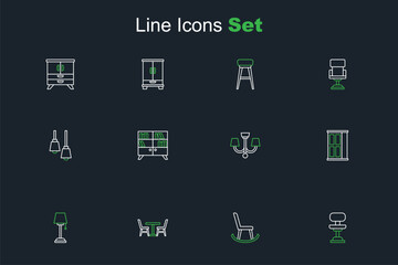 Set line Office chair, Armchair, Table with, Floor lamp, Wardrobe, Chandelier, Library bookshelf and icon. Vector