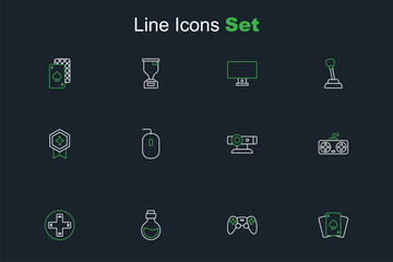 Set line Playing cards, Game controller or joystick, Bottle with magic elixir, Web camera, Computer mouse and rating medal icon. Vector