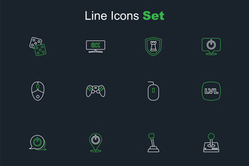 Set line Joystick for arcade machine, Gear shifter, Power button, Level game, Computer mouse, Game controller joystick and icon. Vector