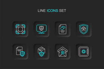Set line Safe, House, Delivery security with shield, Contract, Marriage contract, Location and Lifebuoy icon. Vector