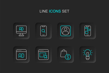 Set line Light bulb, shopping bag and dollar, Advertising, Mobile 24 hours support, Create account screen, Magnifying glass mobile and icon. Vector