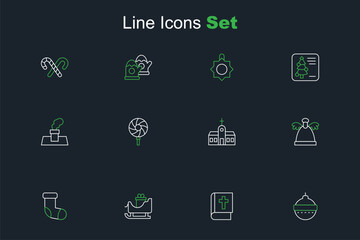 Set line Christmas ball, Holy bible book, santa claus sleigh, stocking, Angel, Church building, Lollipop and chimney icon. Vector
