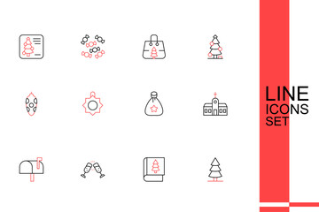 Set line Christmas tree, book, Glass of champagne, Mail box, Church building, Santa Claus bag gift, toy and icon. Vector