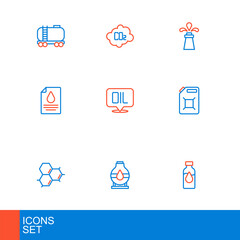 Set line Oil petrol test tube, tank storage, Molecule oil, Canister for gasoline, Contract money and pen, Word, rig and CO2 emissions cloud icon. Vector