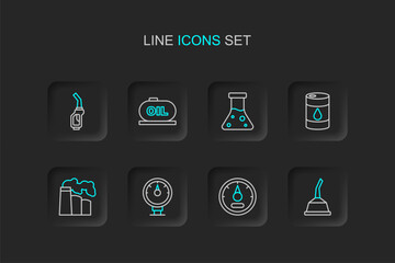 Set line Canister for motor machine oil, Motor gas gauge, Oil and industrial factory, Barrel, petrol test tube, tank storage and Gasoline pump nozzle icon. Vector