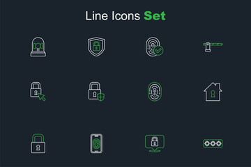 Set line Password protection, Lock, Mobile with fingerprint scanner, House under, Fingerprint, Shield security lock and icon. Vector