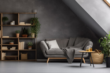 Modern living room featuring a sofa and lounge chair in a stylish Scandinavian attic. Contemporary and stylish decor, creating a cozy and comfortable living space ideal for interior design projects.